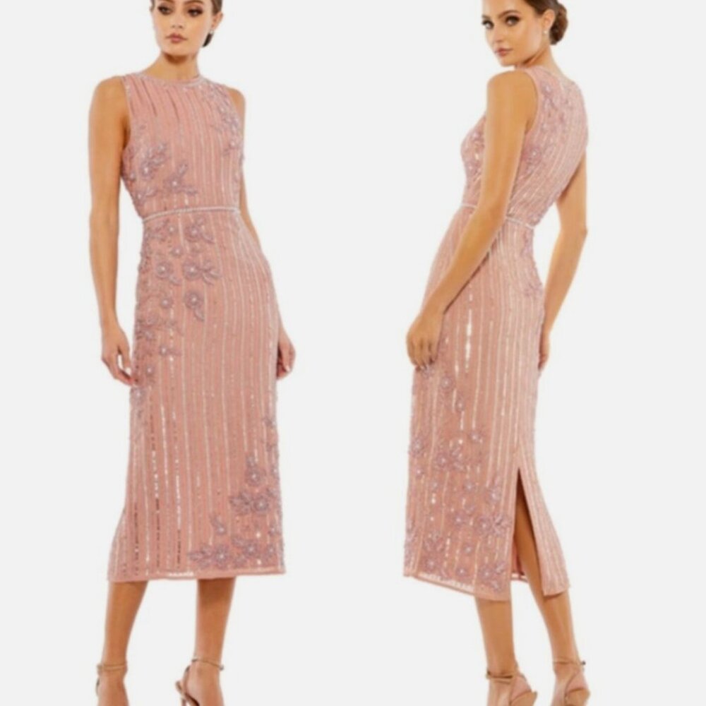 MAC DUGGAL STRIPED FLORAL EMBELLISHED SLEEVELESS ROSE MIDI DRESS sz 16